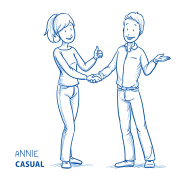 Happy young woman in casual clothes showing thumb up and shaking hands with a young man. Hand drawn line art cartoon vector illustration.