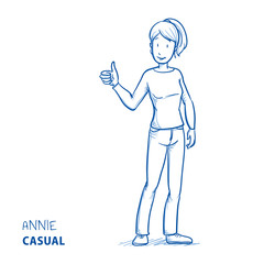 Happy young woman in casual clothes showing thumb up. Hand drawn line art cartoon vector illustration.