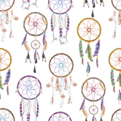 Wall murals Dream catcher Seamless pattern with dreamcatchers, hand drawn in watercolor on a white background