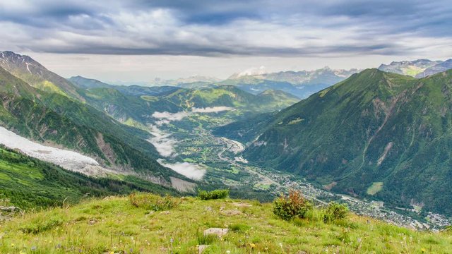 Timelapse of Beautiful View of Mont Blanc Massif with the grass and little flower as forground,Chamonix,France