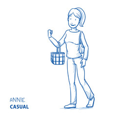 Happy young woman in casual clothes ready for shopping with shopping basket and handbag. Hand drawn line art cartoon vector illustration.