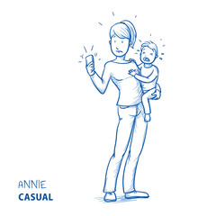 Stressed young woman in casual clothes carrying a crying toddler while her phone rings. Hand drawn line art cartoon vector illustration.