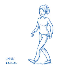 Happy young woman walking relaxed in casual clothes. Hand drawn line art cartoon vector illustration.