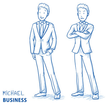 Young man in business suit standing in two emotions, happy and angry. Hand drawn line art cartoon vector illustration.