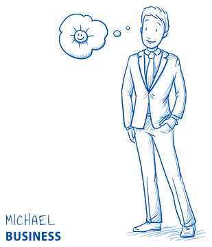 Happy young man in business suit in good mood with sun in a thought bubble. Hand drawn line art cartoon vector illustration.