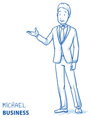 Happy young man in business suit holding hand as if explaining or presenting something (e.g product). Hand drawn line art cartoon vector illustration.
