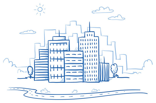 City view with office buildings and road. Hand drawn doodle vector illustration