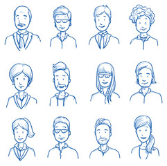 People collection business. Set of various happy men and women in business clothes, mixed age expressing positive emotions. Hand drawn line art cartoon vector illustration.