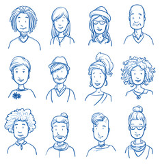 People collection casual. Set of various happy men and women in casual clothes, mixed age expressing positive emotions. Hand drawn line art cartoon vector illustration.