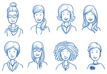 People collection women. Set of various happy women in business and casual clothes, mixed age expressing positive emotions. Hand drawn line art cartoon vector illustration.