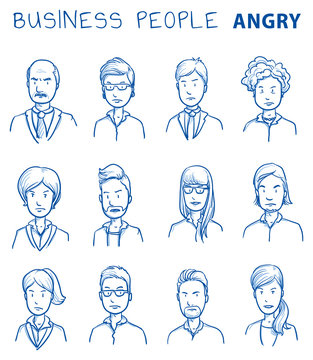 Collection of angry business people. Set of various dissatisfied, enraged men and women in business clothes, mixed age expressing negative emotions. Hand drawn line art cartoon vector illustration.