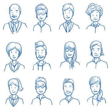 People collection business. Set of various happy men and women in business clothes, mixed age expressing positive emotions. Hand drawn line art cartoon vector illustration.