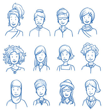 People collection women. Set of various happy women in business and casual clothes, mixed age expressing positive emotions. Hand drawn line art cartoon vector illustration.