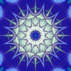 Abstract blue and white background resembling stylized snowflake structure. Abstract psychedelic object with concentric stars with blue rays 