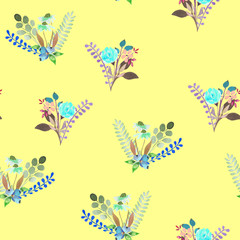 Seamless pattern with the simple watercolor floral bouquets, hand drawn on a yellow background