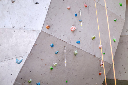 climbing wall with rope, carabiner and hooks