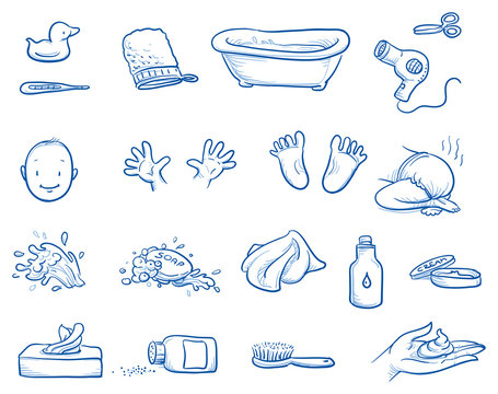 Set Of Baby Care Icons, With Bath Tub, Soap, Cloth, Hand, Feet, Face, Diaper, Cream And Many More. Hand Drawn Line Art Vector Illustration.