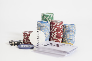 Poker dealer chips,playing card  and poker chips stack