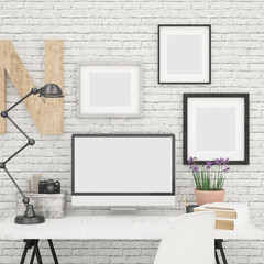 iMac And Photo Frames Contemporary Office MockUP