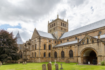 Fototapeta na wymiar SOUTHWELL, ENGLAND - JULY 31: Southwell Minster showing the West side. In Southwell, Nottinghamshire, England. On 31st July 2016.