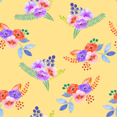 Fototapeta na wymiar Seamless pattern with the simple watercolor floral bouquets, hand drawn on a yellow background