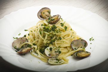 Italian Spaghetti with Clam cooked close up on plate