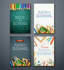 Set of different vertical banners with school supplies
