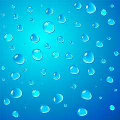 Water drops vector background. Rain condensation on a blue surface. Weather forecast. Liquid droplets, wet glass texture. Light clean dew, rainy day, abstract illustration.