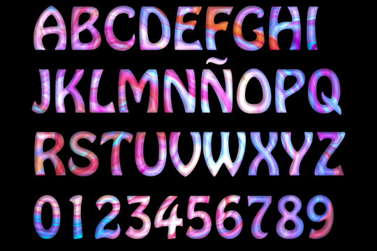 Letters and numbers multicolored isolated on black.