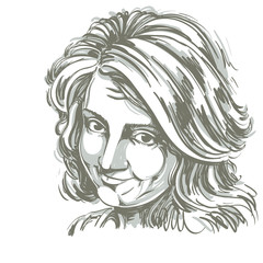 Vector art drawing, portrait of naive blameworthy girl isolated