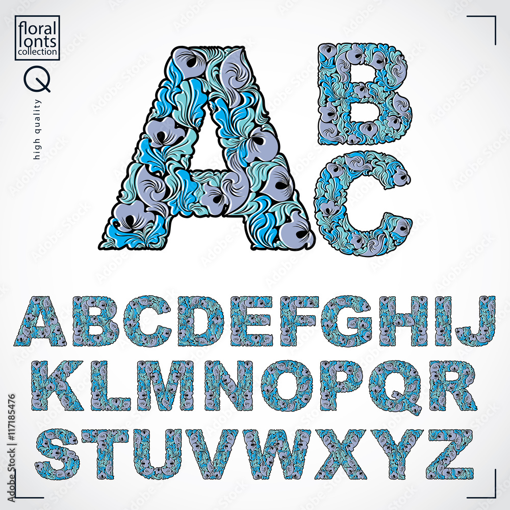 Poster set of vector ornate capitals, flower-patterned typescript. blue