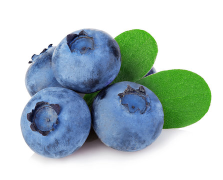 Fresh ripe blueberries with leaves close-up isolated on a white background.