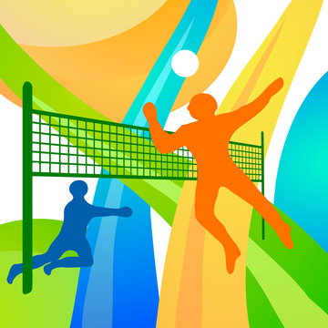 Silhouettes of the players at the net on colorful abstract background.