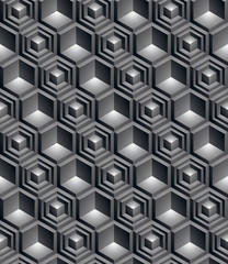 Monochrome abstract textured geometric seamless pattern with 3d