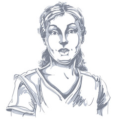 Portrait of skeptic or cynic woman, dizzy girl. Black and white