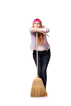 Funny woman with mop isolated on the white background