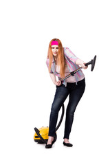 Fototapeta premium Funny housewife with vacuum cleaner isolated on white