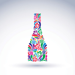 Bright flowery alcohol bottle. Stylized glassware symbol with ab