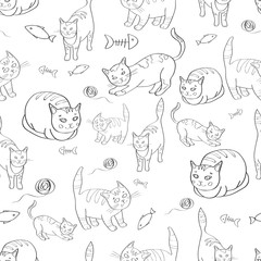 illustration with the image of cats, fish and tangles  thread. black  white pattern. Vector