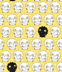Obraz premium Seamless pattern with black sheep among white sheep. Dissimilar concept. Cartoon style background with cute happy sheep. 