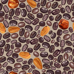 Illustration of coffee and nuts. pattern on a gray background. Vector