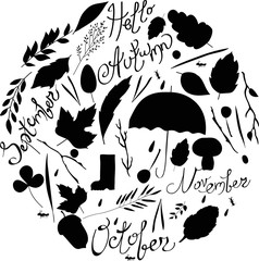 Set of autumn items. black and white silhouettes. illustration  leaves, branches, rain,  characters. inscriptions September, October, November. Vector