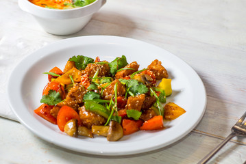 salad with mushrooms and meat