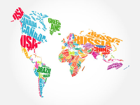 World Map Typography in perspective, word cloud concept, names of countries