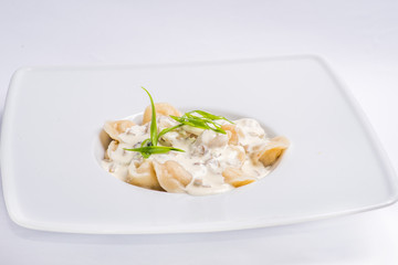 Dumplings in a white plate. Serving for the restaurant menu