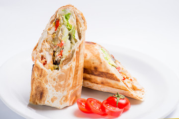 pancakes with seafood on a white plate. Serving for the restaurant menu