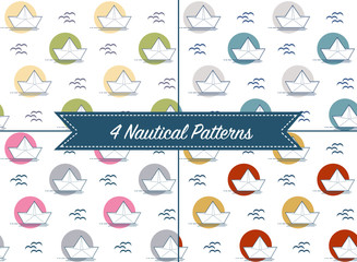 Set of four patterns with origami paper boats or ships in different color palettes. Nautical theme, sea and seagull. Seamless backgrounds collection. Vector illustration.