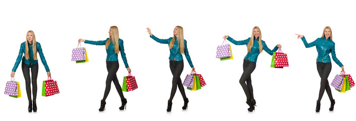 Woman with shopping bags isolated on white