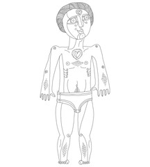 Vector monochrome illustration of nude man, Adam concept. Hand d