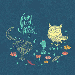 Obraz premium Good night. vector illustration with owl. cute cartoon character on forest glade with tree and moon